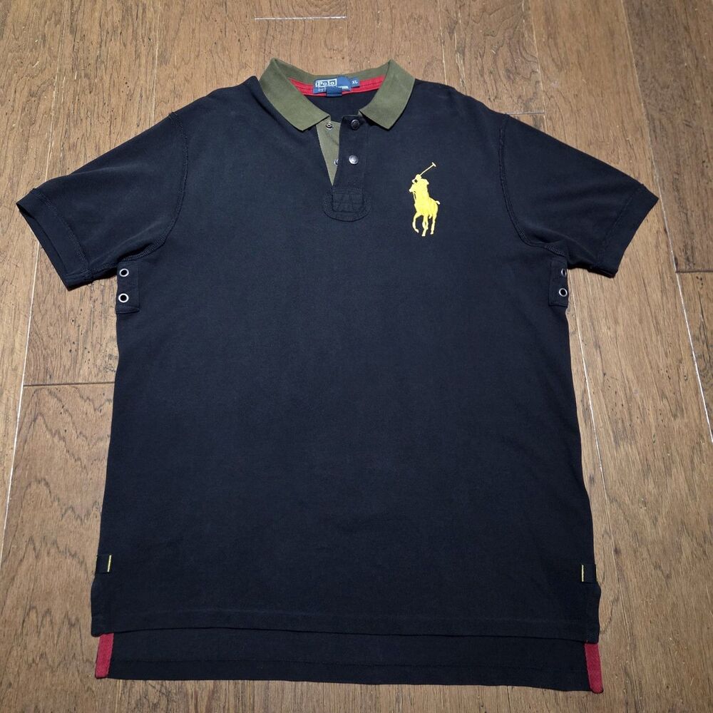 Vtg Y2K Polo Ralph Lauren Big Pony Shirt Men's XL Black Yellow Snap